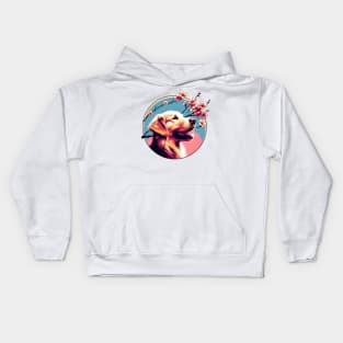 Joyful Golden Retriever with Spring Cherry Blossoms Kids Hoodie